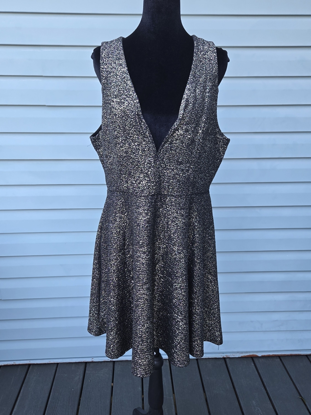 Rue21 Metallic Glitter Skater Dress XL Silver Black Deep V-Neck Mini Party